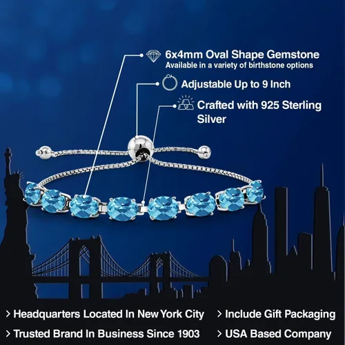 Vista 178 de Gem Stone King Pulsera de plata de ley 925 con piedra natal ovalada de 0.276 x 0.197 in para mujer, totalmente ajustable hasta 9 pulgadas