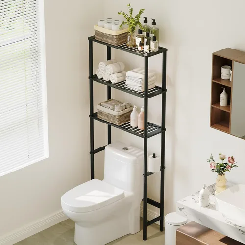 Vista 13 de Almacenamiento sobre el inodoro, estante de baño de bambú de 3 niveles con Natural