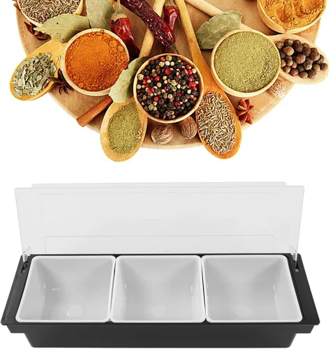 Vista 6 de Caja de condimentos de cocina, ollas de cocina, tapa de plástico, múltiples compartimentos, contenedor de frutas, contenedor de almacenamiento
