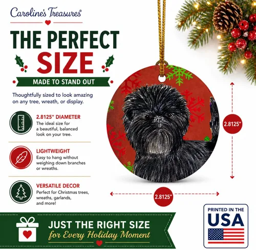 Vista 4 de Caroline's Treasures Affenpinscher - Adorno de cerámica para colgar en el árbol de Navidad con copos de nieve rojos y verdes, para el hogar