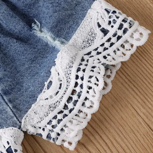 Vista 6 de ODIMAME Conjunto de ropa para bebé niña con encaje blanco + jeans rasgados + diadema, conjunto de ropa de verano de 3 piezas