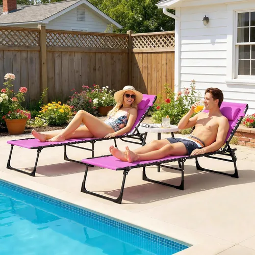 Vista 2 de Folding Chaise Lounge Pool Chairs, 2-Pack, 4-Position Reclining, Purple
