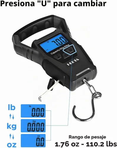 Vista 5 de HEETA Báscula de pescado digital impermeable con pantalla LCD retroiluminada, 110 libras / 110.2 lbs, báscula portátil para colgar para el hogar