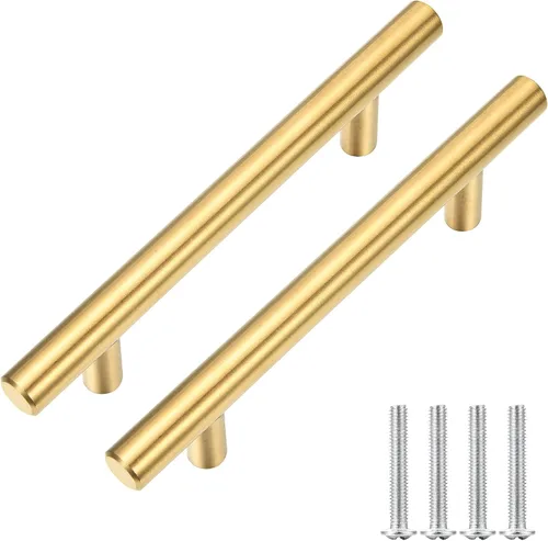 Vista 2 de Paquete de 15 tiradores de acero inoxidable dorado cepillado con barra en T para muebles, cocina, armario, cajón, manija de puerta, pomos