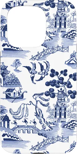 Vista 14 de iPhone 14 Pro Preppy Azul y Blanco Willow Patrón Chinoiserie Toile Case