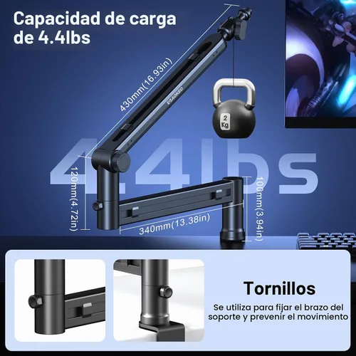 Vista 4 de Brazo de Micrófono, Aokeo AK-58 - Soporte de Brazo de Micrófono de Escritorio de Bajo Perfil Ajustable, Adecuado para Blue Yeti, Snowball iCE