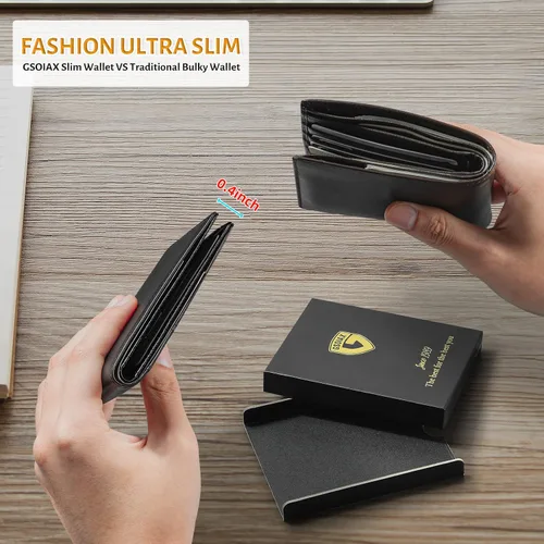 Vista 69 de GSOIAX Cartera delgada de cuero plegable RFID para hombre, billetera minimalista con bolsillo frontal con clip para dinero, 12 ranuras para Negro