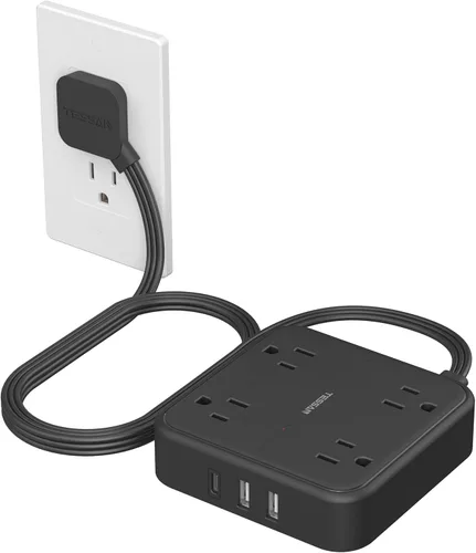 Vista 14 de TESSAN Cable de extensión plano protector de sobretensiones de 1 pie, regleta de enchufe con anillo con 4 tomas, 3 puertos USB (1 USB C), protección