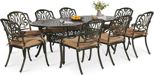 Vista 35 de Juego de comedor de patio de 9 piezas, mesa y sillas de patio al aire libre, mesa de comedor ovalada de aluminio fundido de 84 pulgadas con agujero