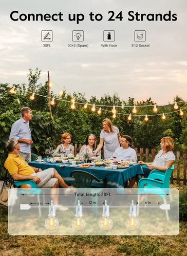Vista 2 de Brightown Guirnalda de luces para exteriores de 30 pies – Luces comerciales para patio con 30 bombillas LED G40 inastillables, luz colgante