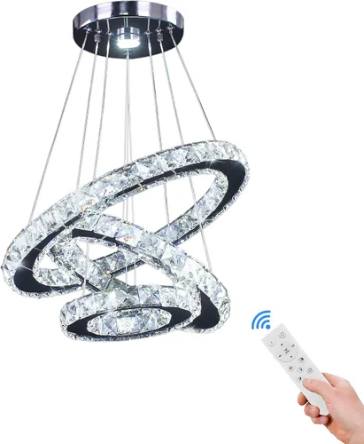Vista 7 de Lámparas de araña LED de cristal, lámpara colgante moderna para comedor, lámpara de techo ajustable con 3 anillos, de acero inoxidable, blanco frío
