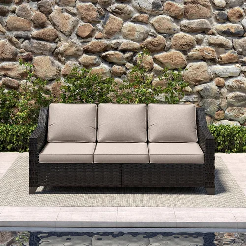 Vista 8 de Sofá de lujo para patio al aire libre de 3 plazas con mimbre de PE tejido a mano Beige
