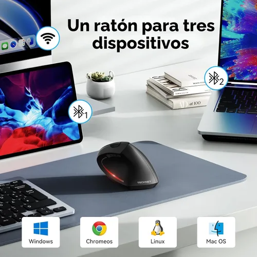 Vista 2 de TECKNET Ratón Ergonómico, Ratón Vertical Inalámbrico Bluetooth, Seguimiento Óptico 4800 DPI, 6 DPI Ajustables, Clics Silenciosos, 2.4GHz