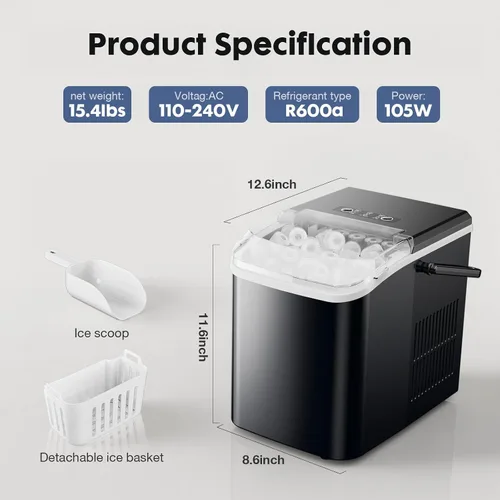 Vista 4 de Sweetcrispy - Máquina para hacer hielo de encimera, máquina de hielo portátil autolimpiable con cuchara de hielo, cesta y asa, 9 cubos en 6 minutos