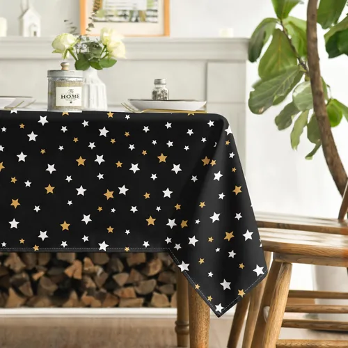 Vista 3 de Horaldaily Mantel rectangular negro de 52 x 70 pulgadas con estampado de estrellas doradas para decoración de cumpleaños, suministros de fiesta