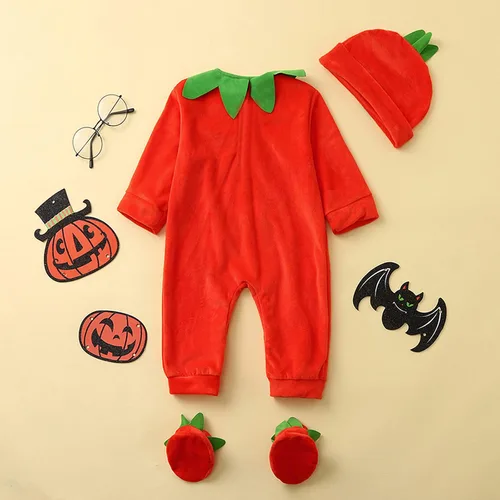 Vista 3 de Mameluco para niños y niñas, diseño de calabaza, Halloween, traje de una pieza
