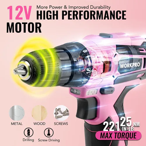 Vista 4 de WORKPRO Juego de herramientas rosa con taladro eléctrico, kit de taladro rosa portátil de 108 piezas para damas para el hogar con caja