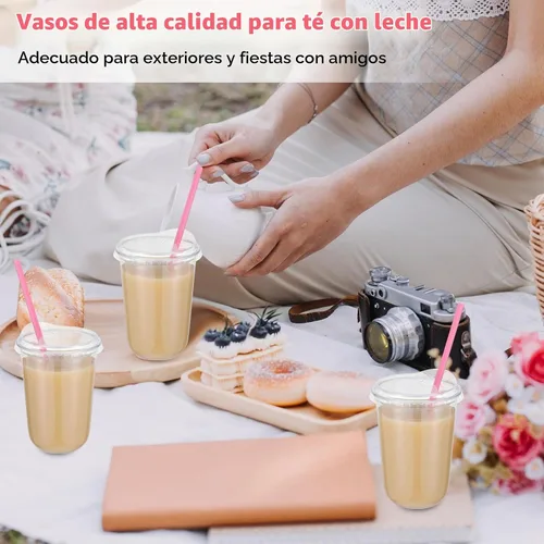Vista 6 de Ziliny 25 juegos de vasos de plástico con pajitas y tapas de corazón rosa