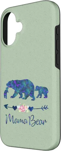 Vista 2 de Teal Blue Purple Floral Mama Bear and Two Cubs Light Green Case for iPhone 16