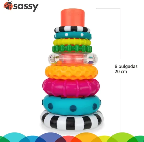 Vista 4 de Anillo de apilado de pilas de círculos de Sassy, juguete de aprendizaje STEM, a partir de 6 meses, multicolor, juego de 9 piezas