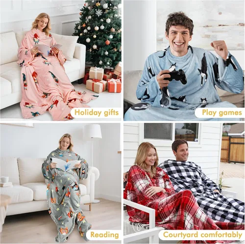 Vista 7 de Catalonia - Manta de vestir de vellón con mangas y compartimientos para los pies, para mujeres y hombres, manta de microfelpa cómoda y envolvente