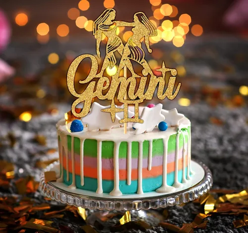 Vista 5 de Decoración de pastel de cumpleaños con purpurina dorada Géminis, decoración de pastel energético de Géminis grande, 12 constelaciones, temática