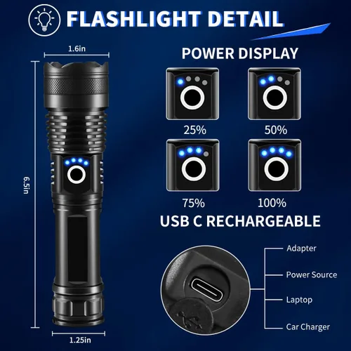 Vista 5 de UUYEE Paquete de 3 linternas recargables de alto lúmenes, linterna súper brillante, 5 modos de linterna LED recargable, linternas tácticas