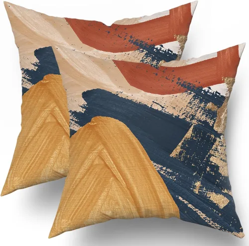 Vista 9 de Juego de 2 fundas de almohada bohemias de 16 x 16 pulgadas, color azul marino y naranja, modernas, con estampado geométrico abstracto