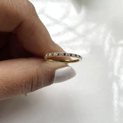 Vista 5 de Blue Sapphire & White Diamond Half Eternity Wedding Band For Women, 14k Gold Finish Sapphire Wedding Band, Ladies Alternate Diamond Ring