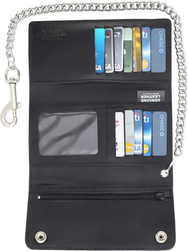 Vista 5 de Cartera de cuero de vaca de estilo largo vintage con bloqueo RFID para hombre, con cadena para tarjeteros, fabricada en Estados Unidos