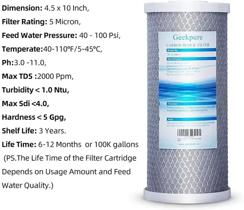 Vista 6 de Geekpure Sistema de filtro de agua para toda la casa de 10 pulgadas con 4 filtros de bloque de carbono, puerto de 4.5 x 10 pulgadas - 3/4 pulgadas
