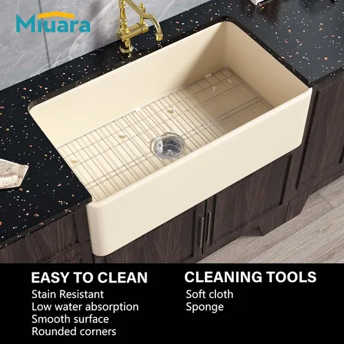 Vista 8 de Miuara Farmhouse - Fregadero de cocina frontal con delantal de arcilla refractaria de hueso de 33 x 18 pulgadas For kitchen, Heavy duty fireclay