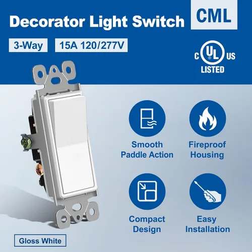 Vista 2 de CML interruptor de luz de pared basculante, de 3 vías, decorativo, acabado brillante, unipolar o de 3 vías, 15 A 120/277 V, garantía de 3 años