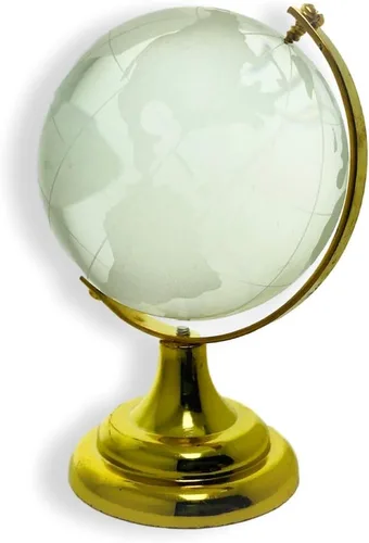 Vista 6 de BANBERRY DESIGNS Globo del mundo de cristal grabado en soporte y base de color latón, escritorio, caja de regalo, 2.25 pulgadas de diámetro