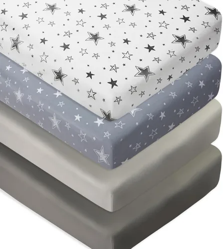 Vista 8 de Juego de 4 sábanas para cuna, diseño neutro de estrella y luna, unisex, para bebé, para niños o niñas, luna