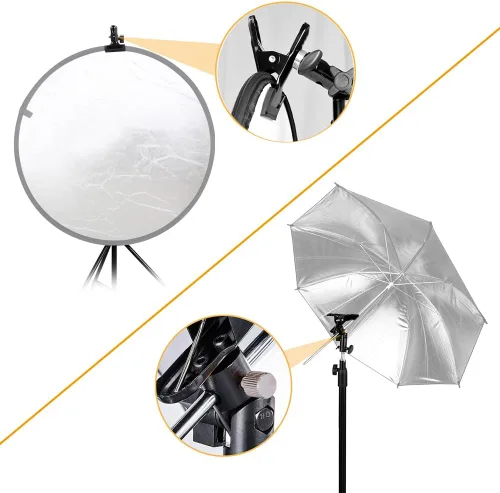Vista 5 de 2 soportes de abrazadera de metal resistente con soporte de luz de 5/8 pulgadas, abrazadera reflectora con agujero para paraguas y montaje
