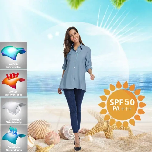Vista 4 de Camisas de manga larga con protección solar UPF 50 para mujer, de secado rápido, para pesca al aire libre, senderismo, viajes