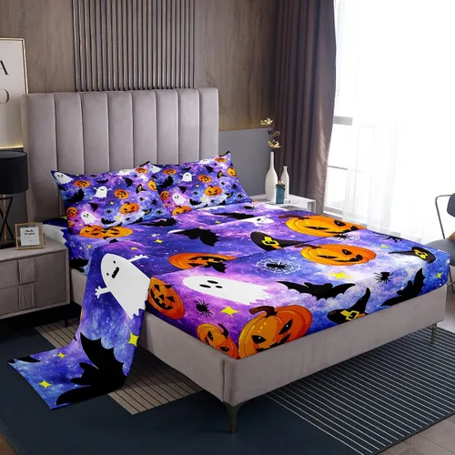 Vista 10 de Manfei Juego de sábanas de Halloween tamaño individual, juego de ropa de cama de farol de calabaza fantasmas para niños y niñas, decoración