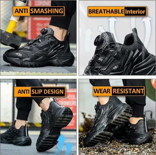 Vista 4 de Zapatos de trabajo con punta de acero para hombre, sin cordones, con botón giratorio, seguridad, construcción, almacén, zapatos, zapatos de trabajo