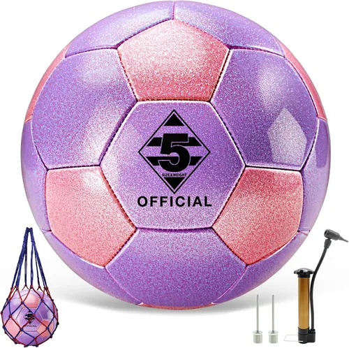 Vista 5 de Balón de fútbol rosa morado con purpurina, tamaño 3, 4, 5 con bomba y bolsa de aguja/malla, kit de pelota de fútbol de poliuretano Sofu