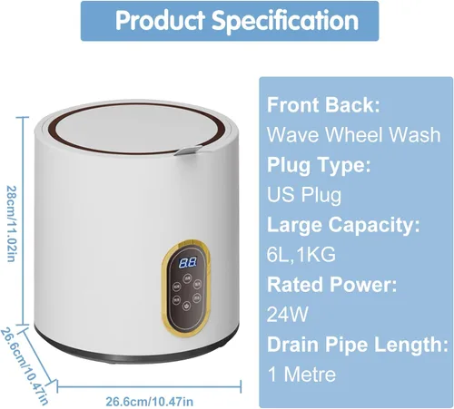 Vista 2 de Lavadora portátil de 6L, 24 W, capacidad de 2.2 lbs, lavadora pequeña automática para lavar ropa interior, ropa de bebé, calcetines, artículos