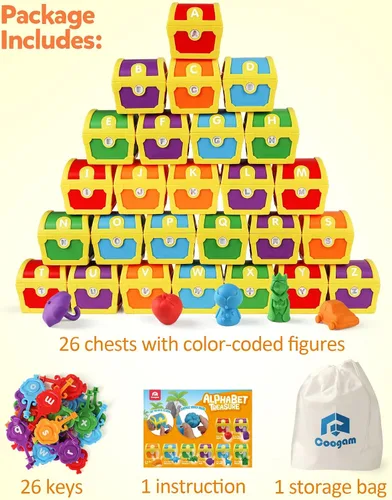 Vista 5 de Coogam Juguetes de Aprendizaje del Alfabeto para Niños Pequeños, 26 Piezas de Letras Sorpresa, Cerraduras del Tesoro con Llaves, Juego