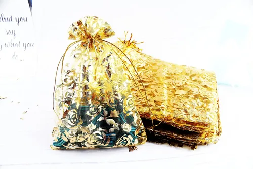 Vista 7 de QIANHAILIZZ 5 x 7 pulgadas 100 piezas corazón flor organza joyería bolsa de regalo bolsa de caramelo bolsa cordón boda favor bolsas P835