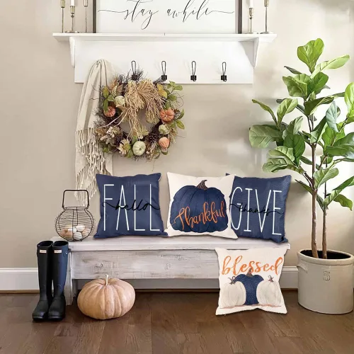 Vista 5 de Vellibring Fundas de almohada de otoño de 18 x 18 pulgadas, fundas de almohada de calabazas azules para casa de campo, fundas de cojín de otoño