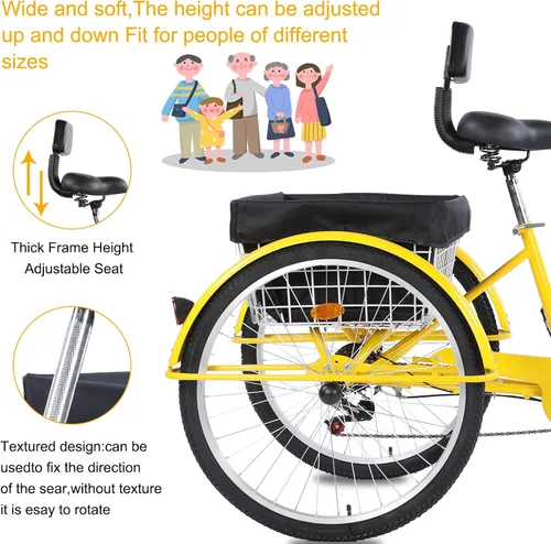 Vista 3 de Triciclo para adultos, triciclos para adultos de 24/26 pulgadas, bicicleta de crucero de 3 ruedas con cesta grande y asiento ajustable, triciclos