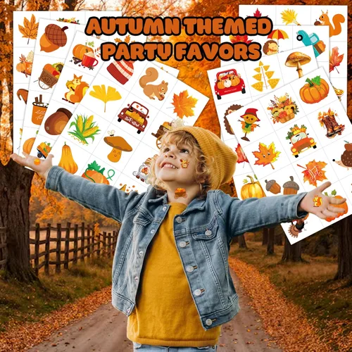 Vista 2 de 96 piezas de tatuajes temporales precortados para otoño y otoño, decoración de fiesta de cumpleaños, suministros de decoración de Acción de Gracias