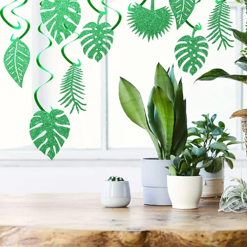 Vista 4 de 32 piezas hawaianas Luau para fiesta, hojas de palmera, remolinos, decoración colgante de techo, decoración verde, fiesta tropical para verano, baby