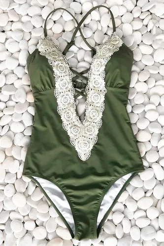 Vista 5 de CUPSHE Traje de baño de una pieza para mujer con encaje y cuello en V profundo