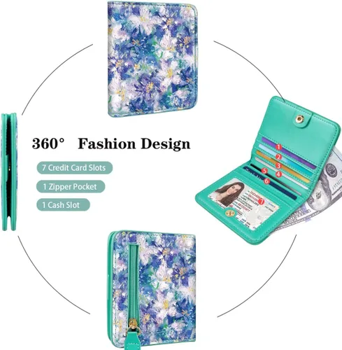 Vista 4 de Cartera pequeña con bloqueo RFID para mujer, con bolsillo plegable y compacto, lindo soporte para tarjetas de crédito, ranura para monedas, monedero