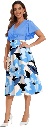 Vista 3 de shengfan Vestido largo de verano de manga corta para mujer, estilo casual, cuello en V profundo, vestido largo acampanado para fiesta de club